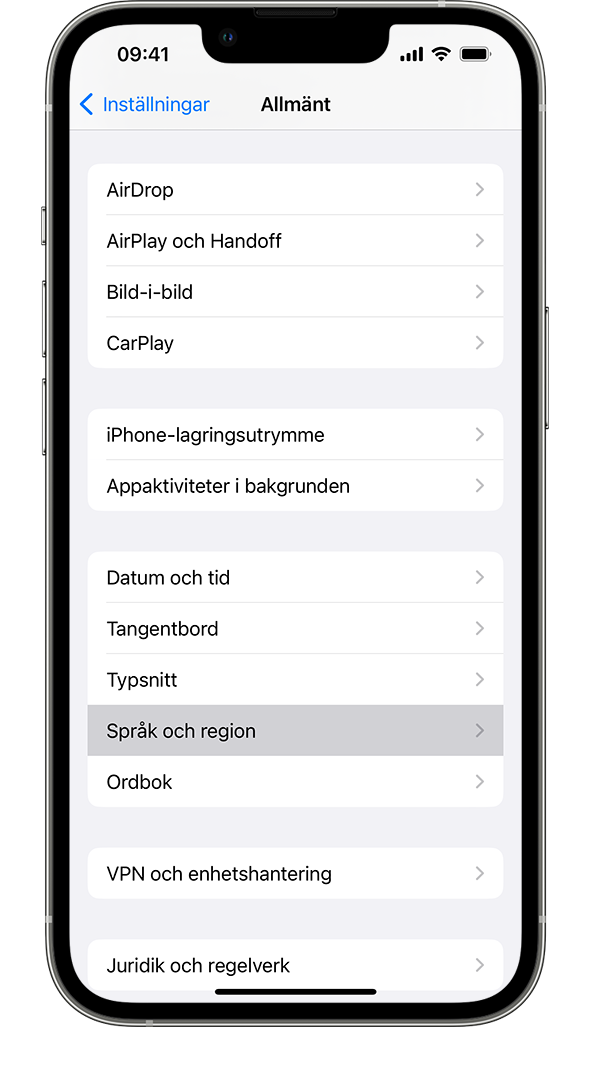 En iPhone som visar inställningsmenyn Allmänt, med alternativet Språk och region markerat.