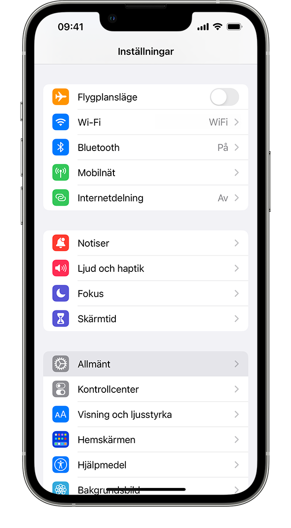 En iPhone som visar appen Inställningar med alternativet Allmänt markerat, under Skärmtid.