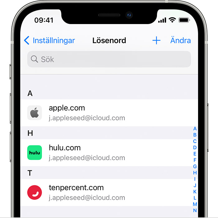 En iPhone 12 Pro visar att lösenord har sparats för konton som Apple, Google och Hulu i avsnittet Lösenord i Inställningar.