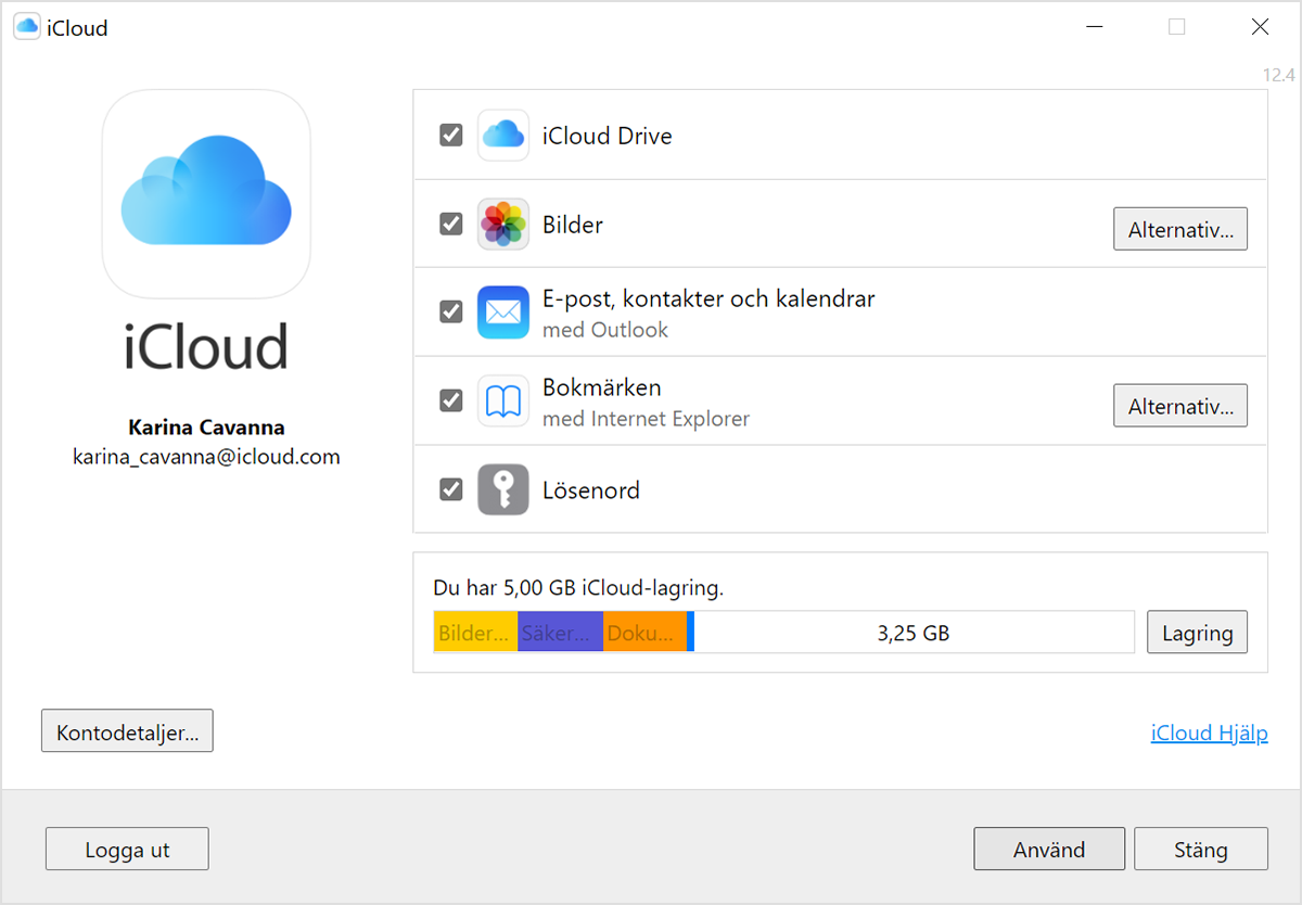 I iCloud för Windows syns e-postadressen för ditt Apple-ID under ditt namn.