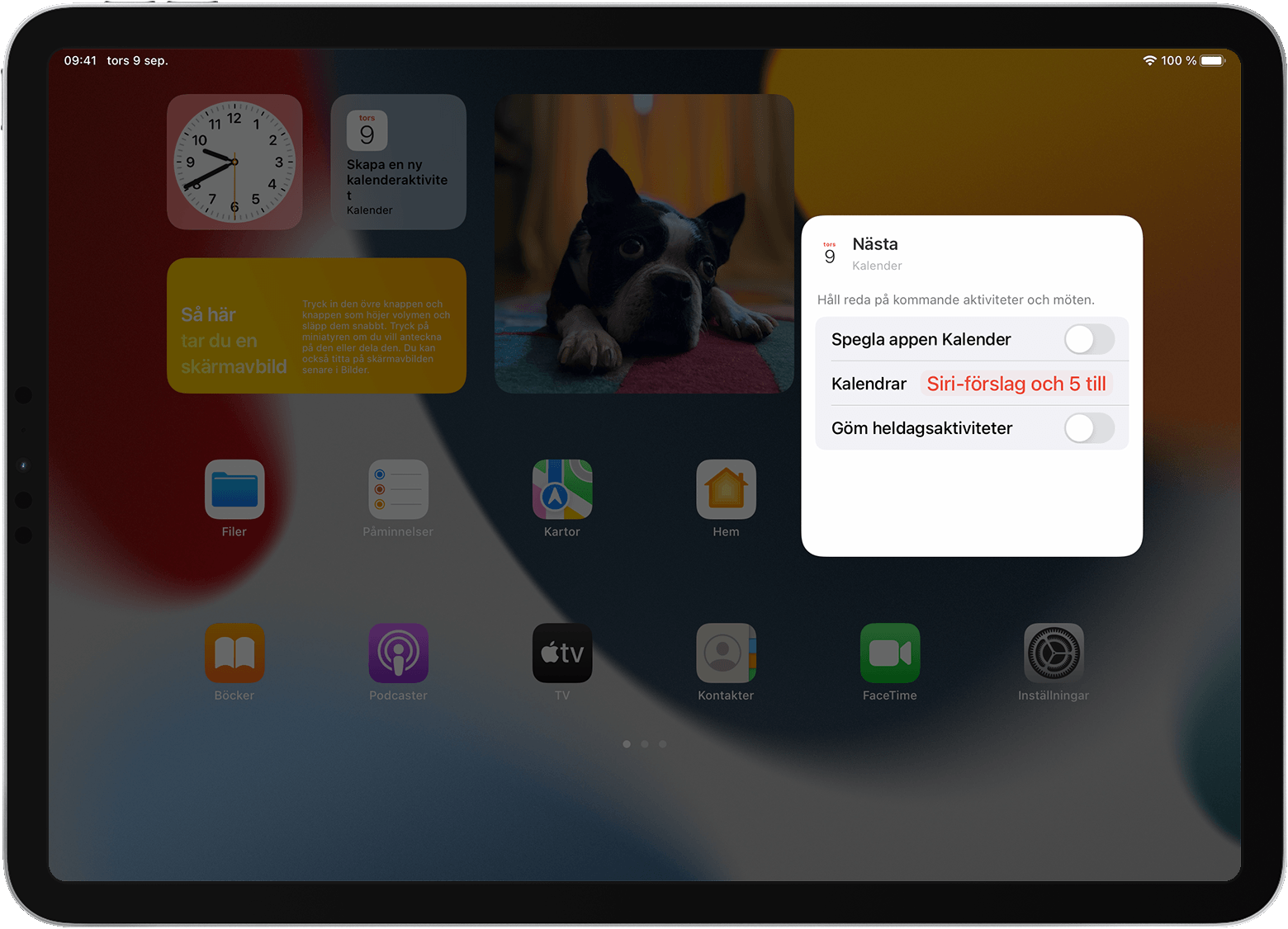 iPad-skärm med alternativen i widgeten Påminnelser