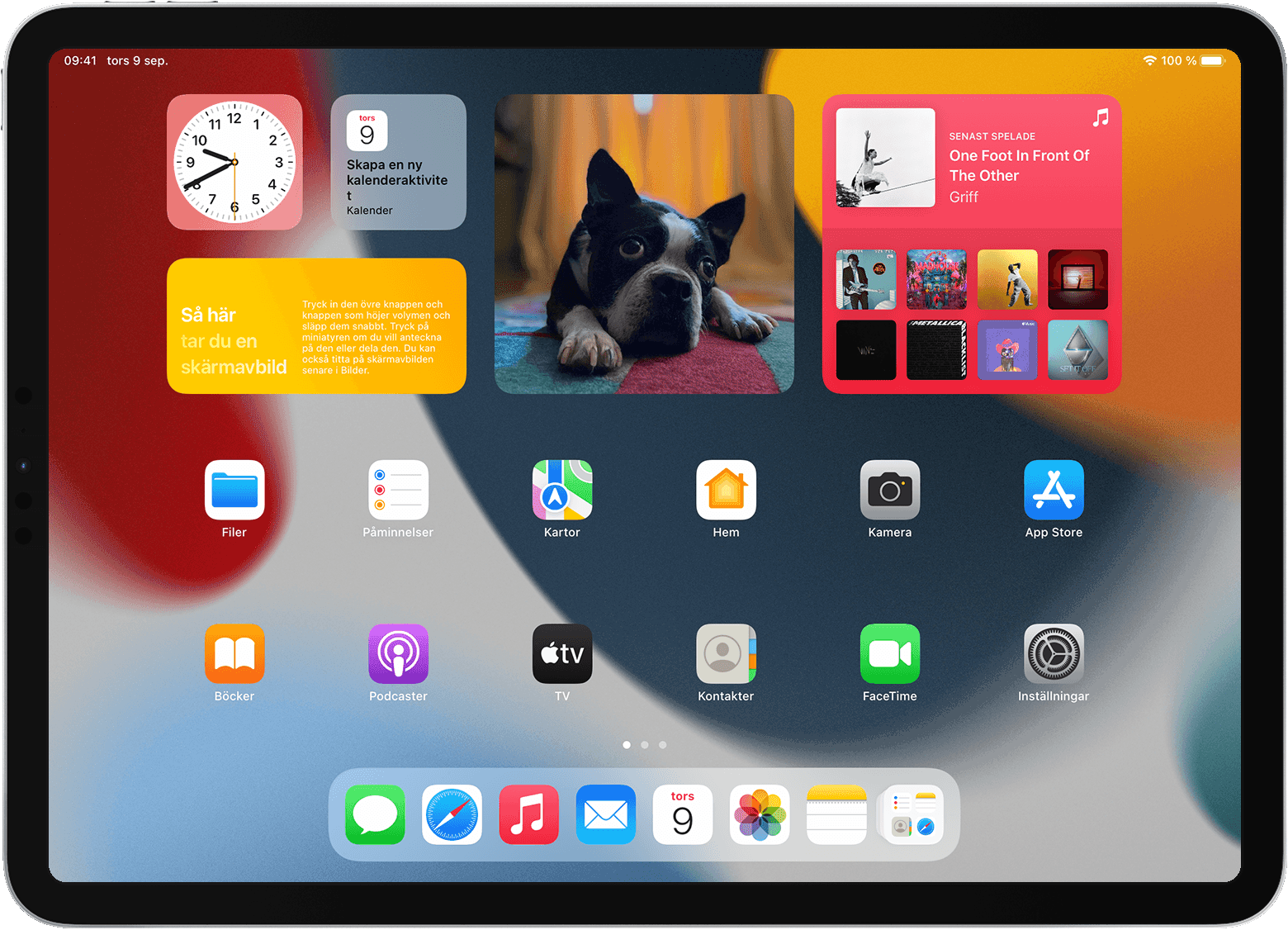 Hemskärmen på iPad med widgetar och appar