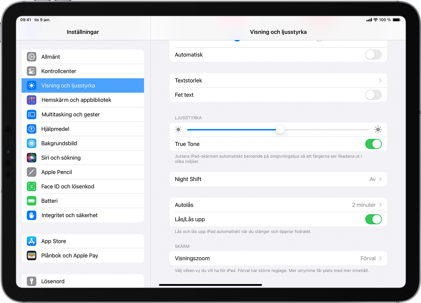 Skärmen för iPad-inställningar som visar inställningen Lås/Lås upp