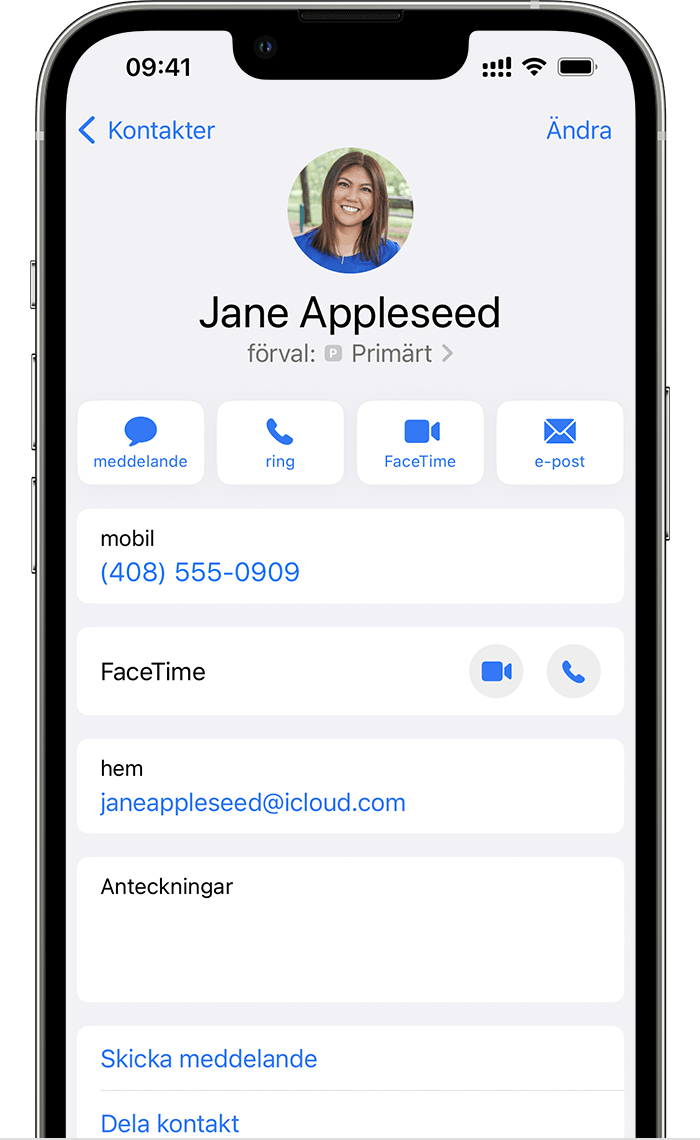 iPhone-skärm som visar en kontakts profil