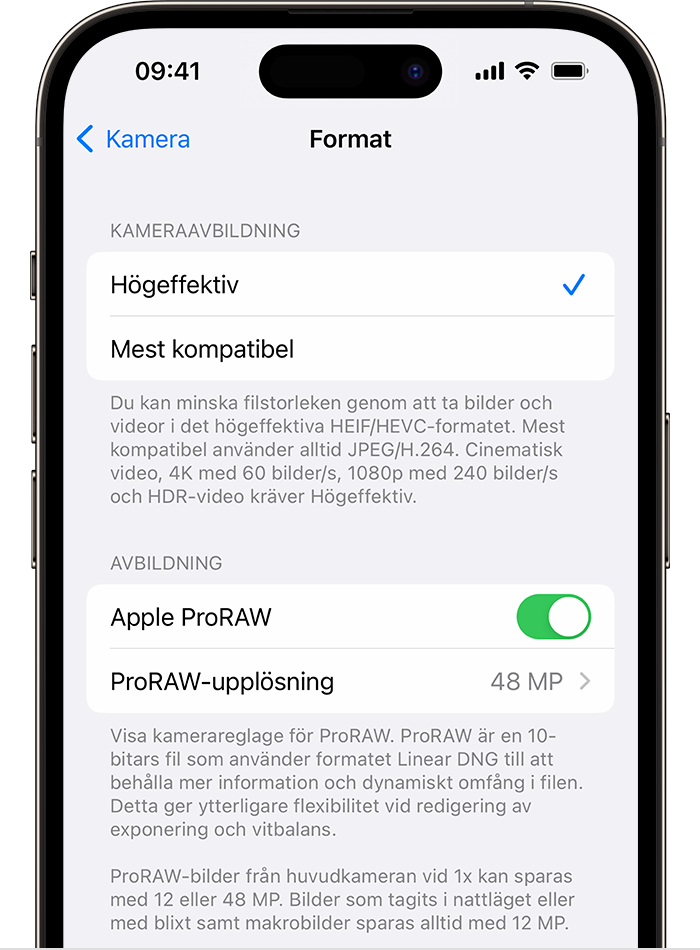 På iPhone 14 Pro-modeller finns två alternativ för ProRAW-upplösning i Inställningar.