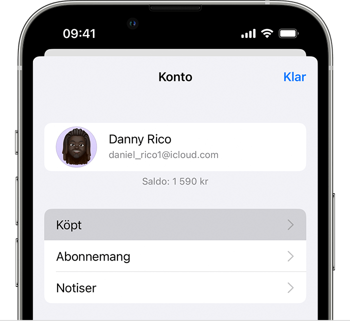 Knappen Köpt är vald i menyn Konto i App Store på iPhone.