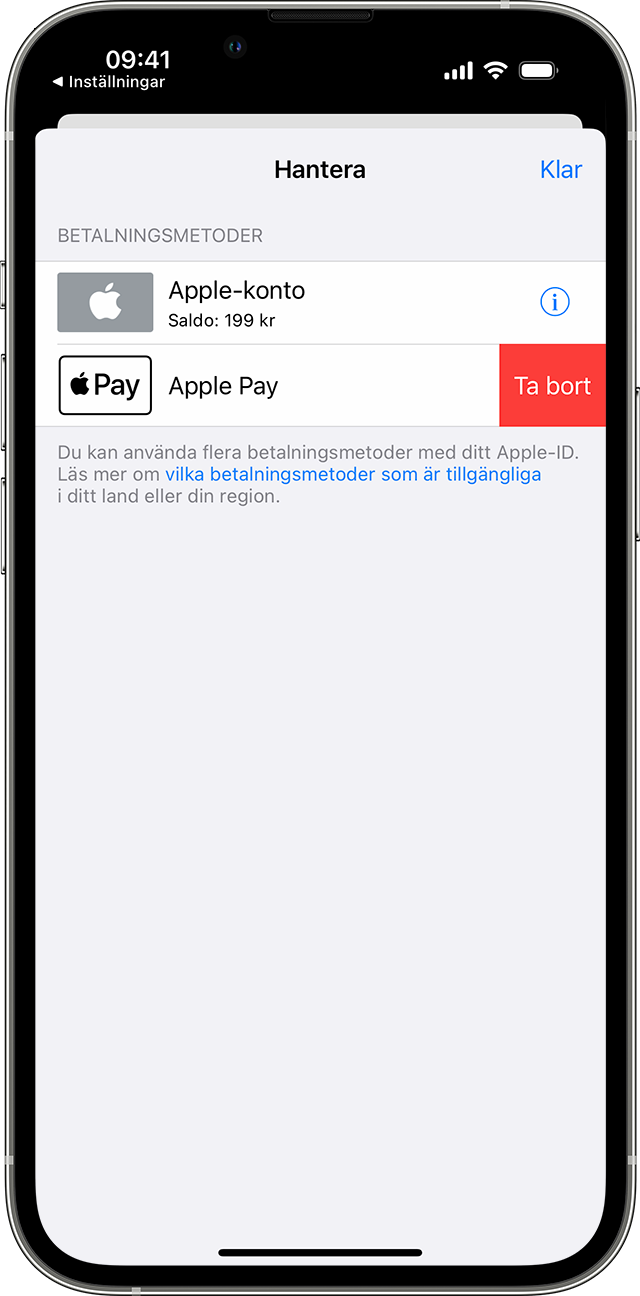 Meddelandet Ta bort betalningsmetod visas på en iPhone.