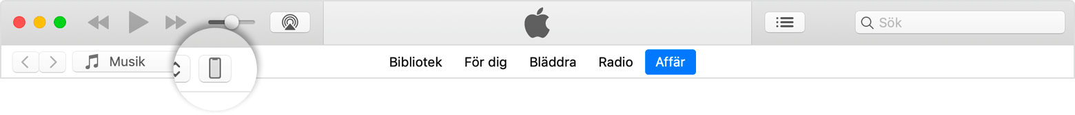 Enhetssymbolen i det övre vänstra hörnet av iTunes-fönstret.