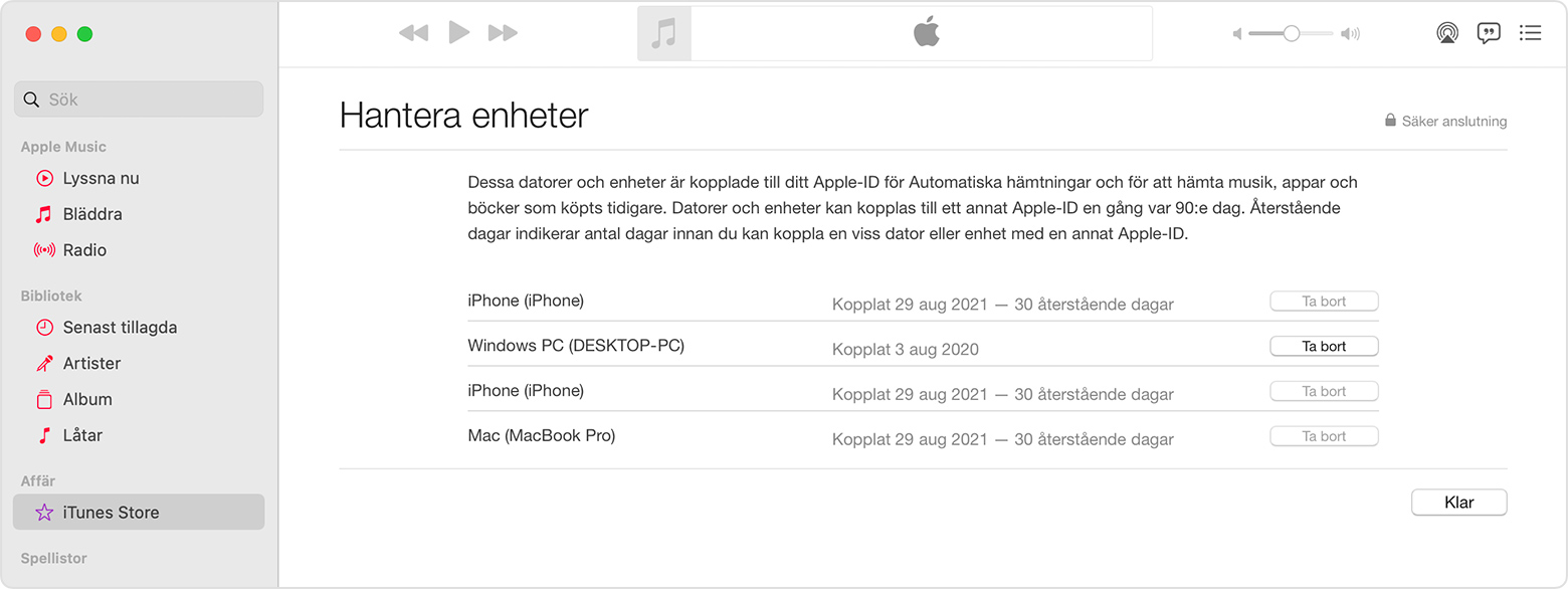 En Mac som visar en lista över tre enheter. Knappen Ta bort är inte tillgänglig för vissa av enheterna i listan.