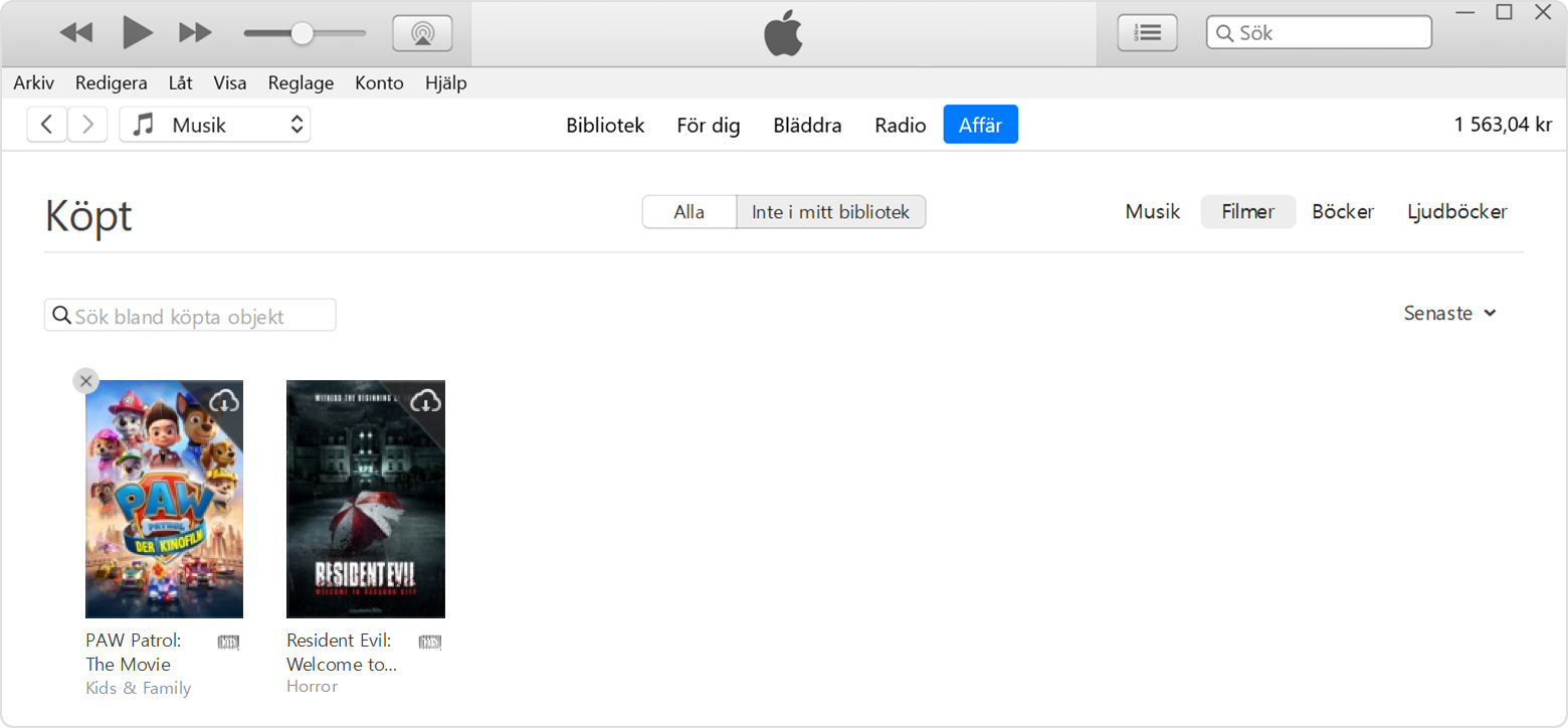Knappen Göm köp i iTunes på en pc
