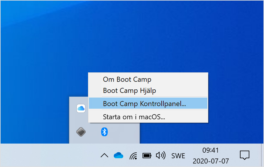Boot Camp-menyn med Boot Camp-kontrollpanelen vald