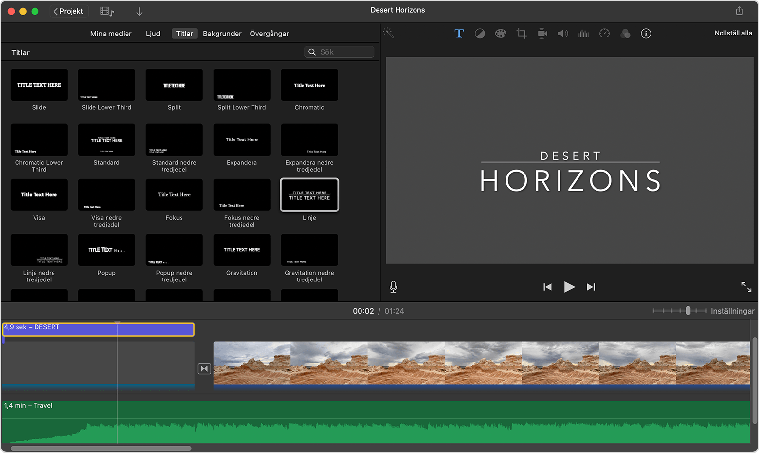 iMovie-projekt på Mac med titelgranskaren öppen