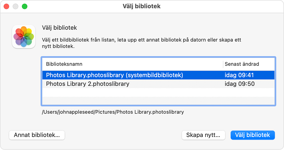 Fönstret Välj bibliotek i Bilder-appen i macOS