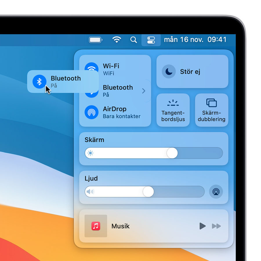 Bluetooth dras från Kontrollcenter till skrivbordets menyrad i macOS Big Sur