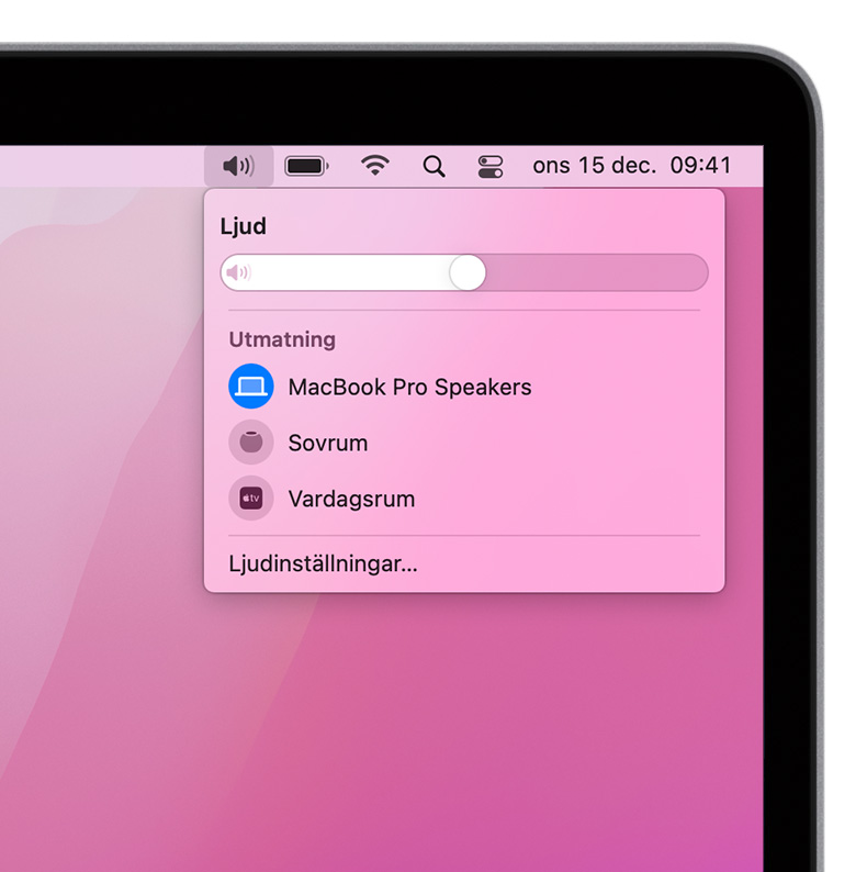 macOS-skärmavbild på volymmenyn på Mac. 