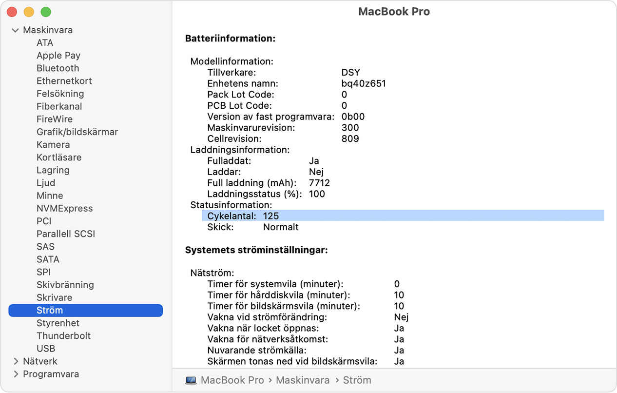 Systeminformation på MacBook Pro med battericykelantal markerat