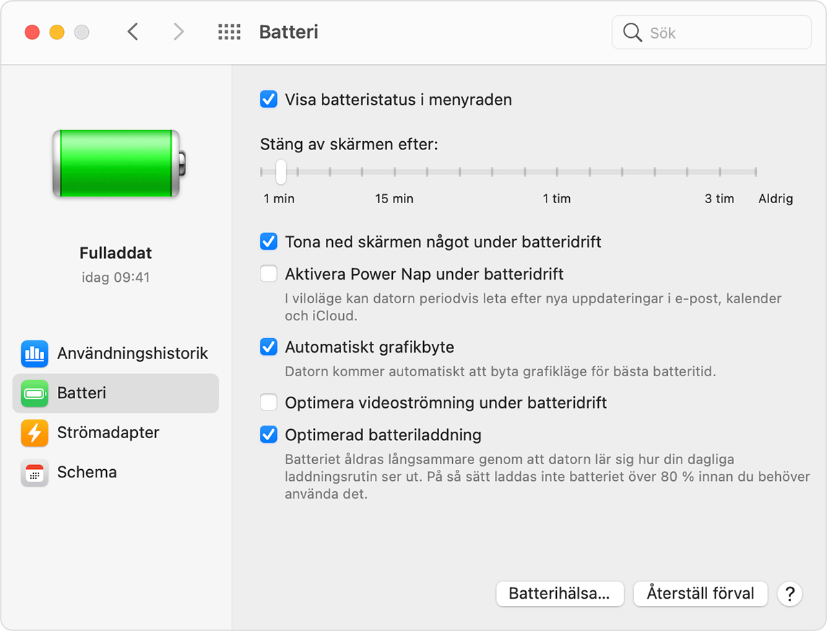 fönstret macOS batteriinställningar med Automatiskt grafikbyte valt