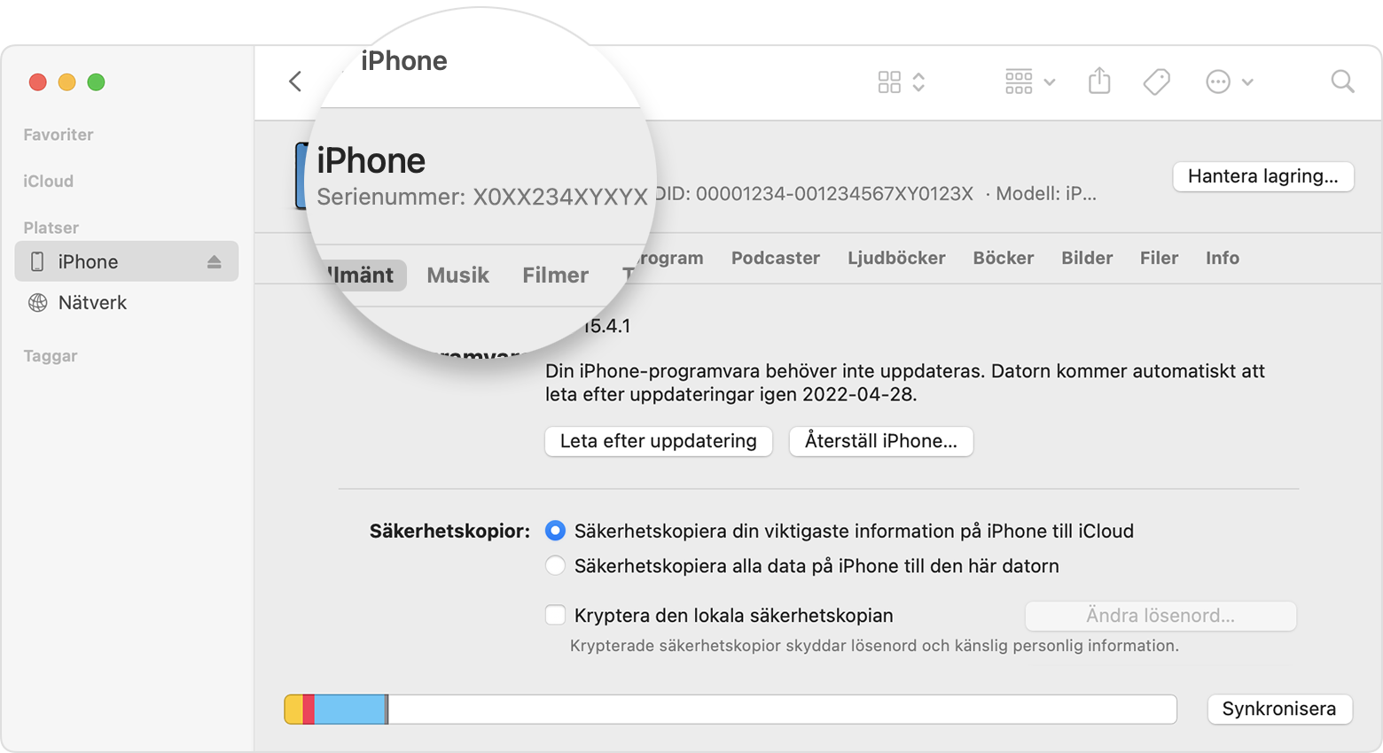 Skärmavbild av Finder-fönstret som visar iPhone-enhetens serienummer