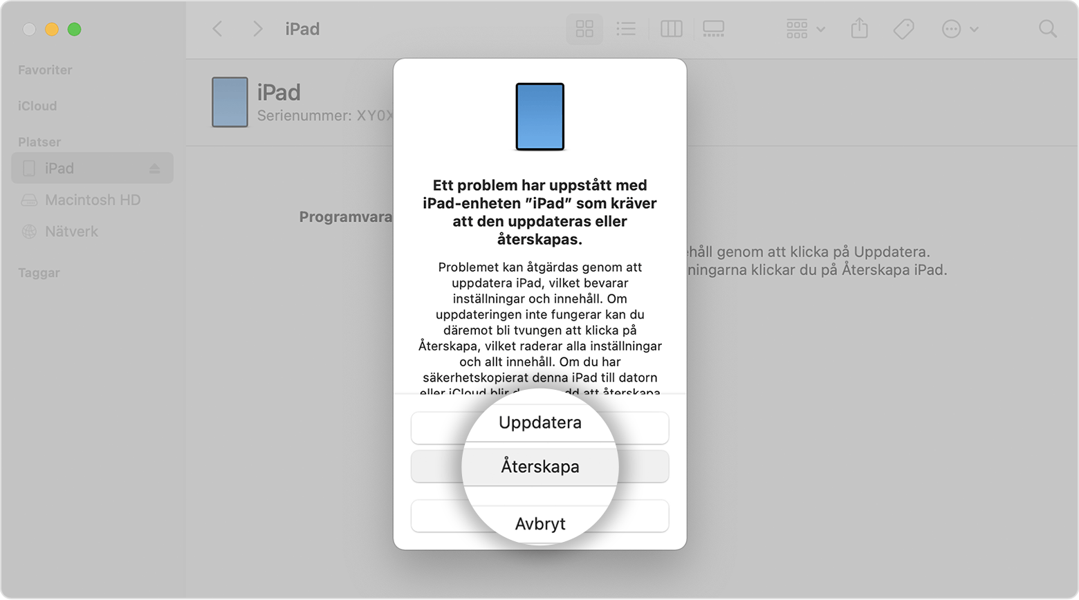 iPad-skärm som visar knappen Återskapa