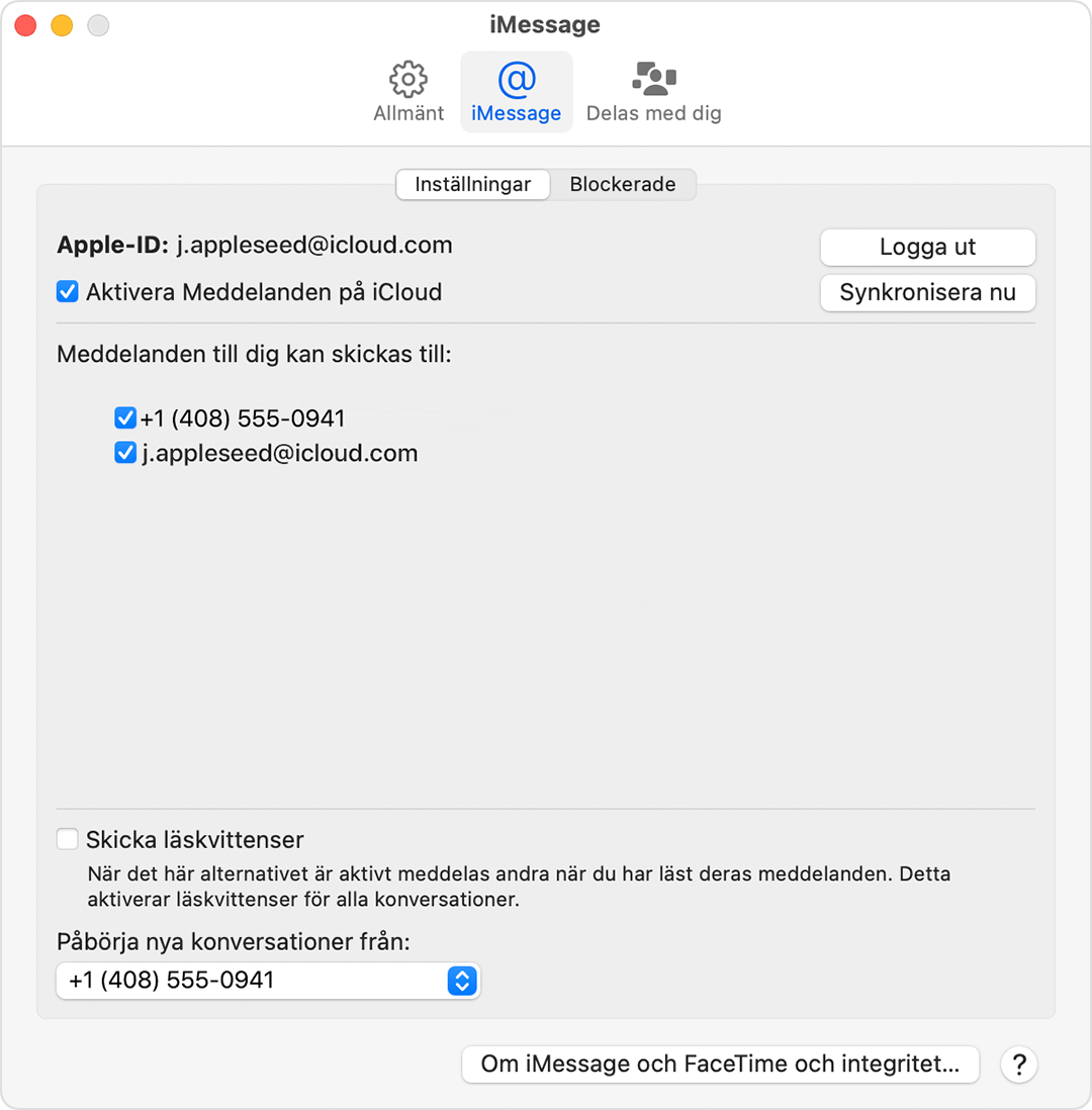 Mac-skärm som visar hur du slår på eller av ditt telefonnummer för din Mac