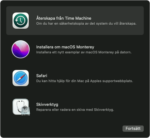 Fönstret Verktyg i macOS Återställning