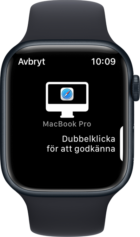 Apple Watch-skärm som visar ett meddelande om att dubbelklicka för att godkänna