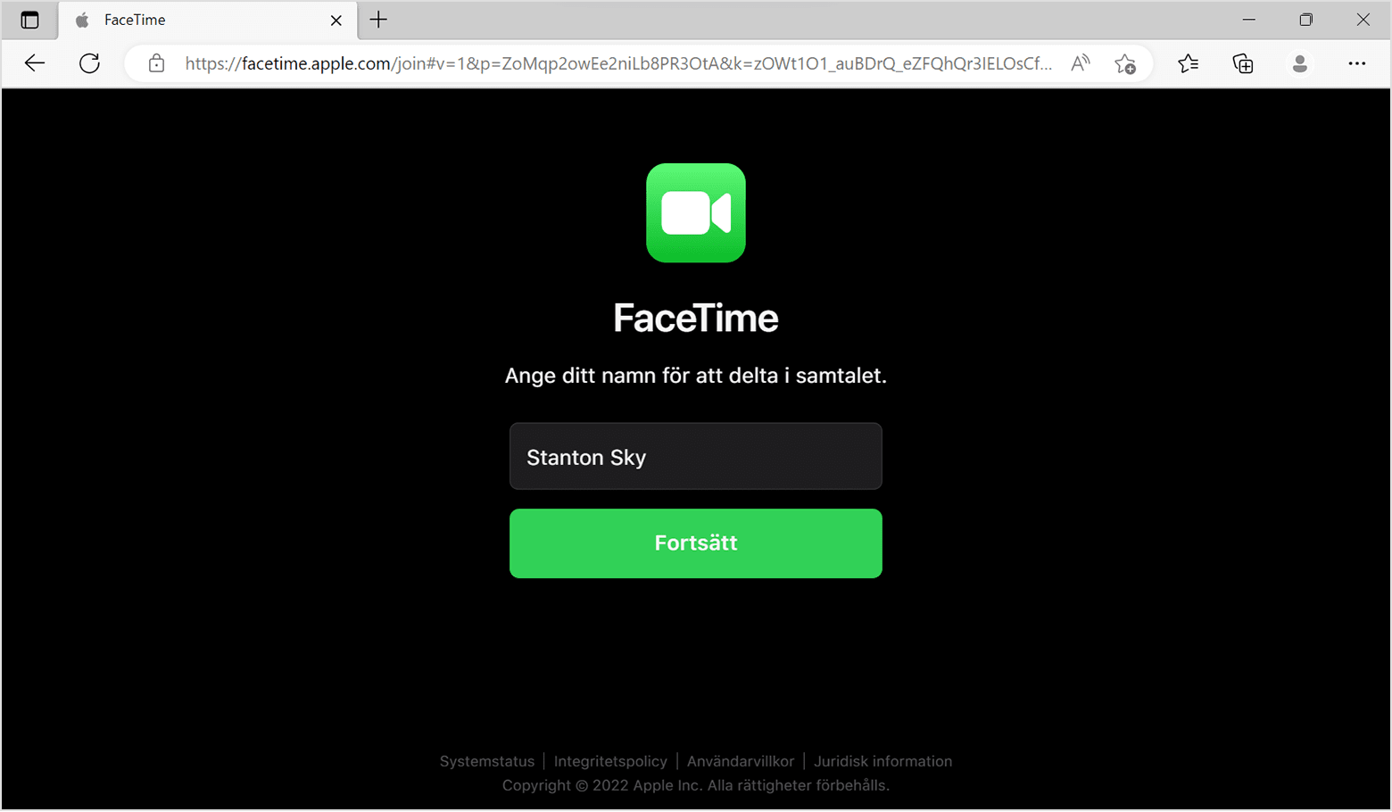 FaceTime-webbläsarfönster: Ange ditt namn