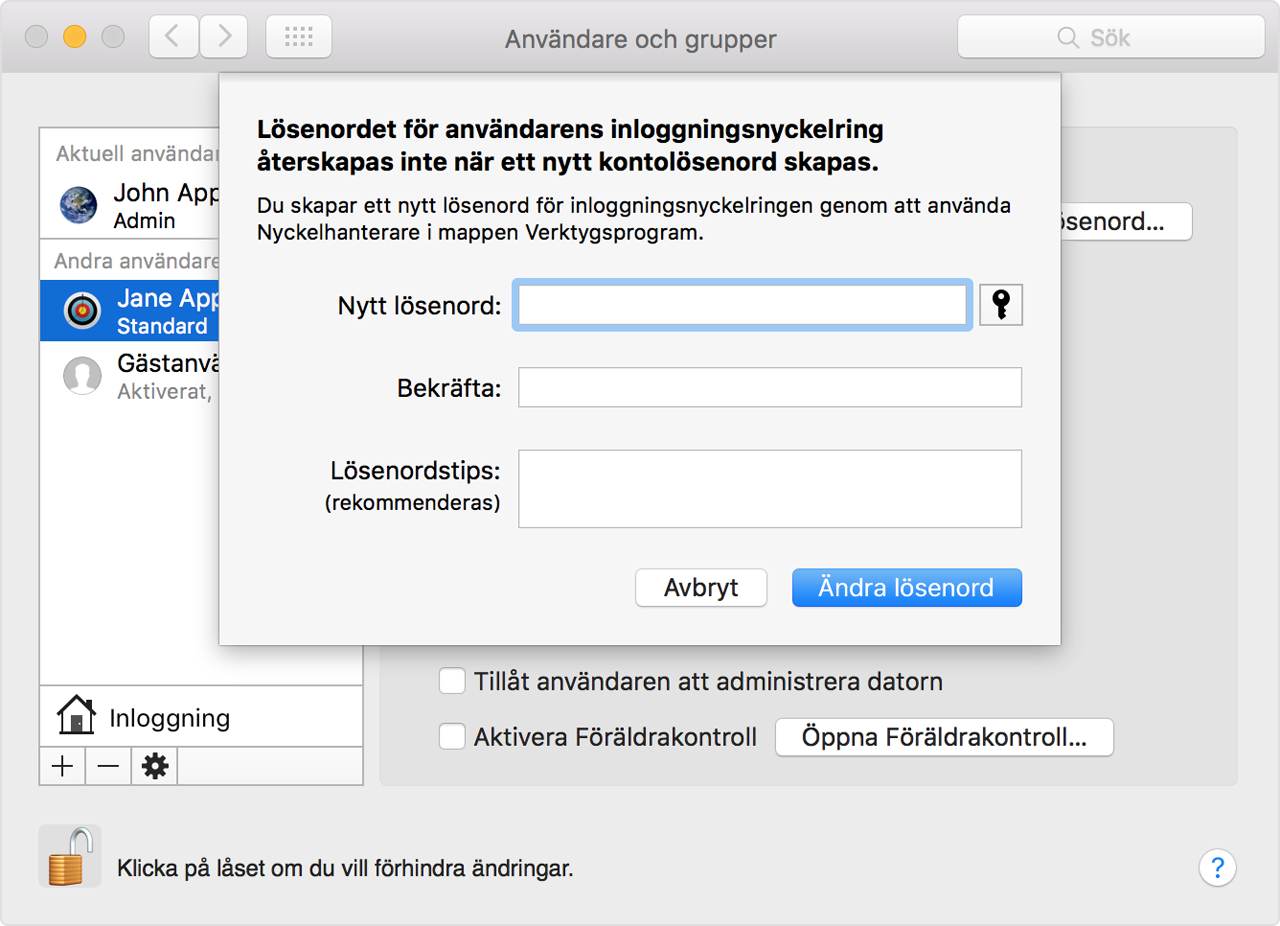 Ändra eller nollställa lösenordet till ett macOS-användarkonto på macOS  Mojave eller tidigare - Apple-support (SE)