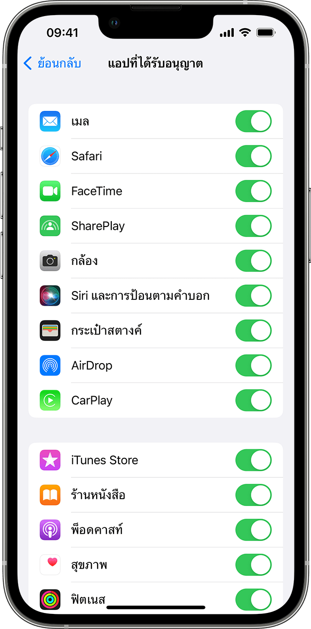 iPhone ที่แสดงหน้าจอแอปที่ได้รับอนุญาต แอปที่เลือกสลับเปิดใช้งานอยู่