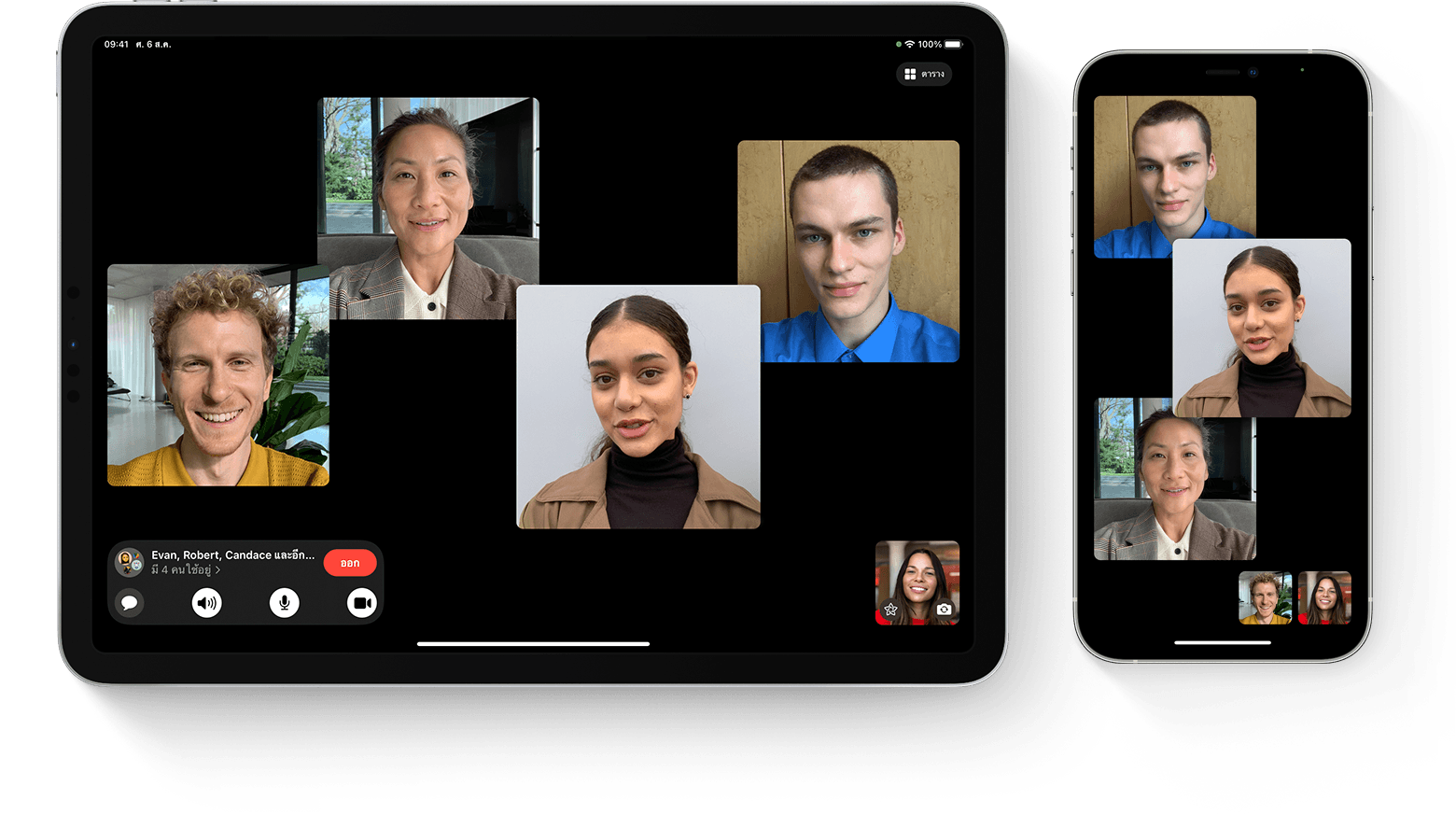 iPhone และ iPad ที่แสดงการโทร FaceTime แบบกลุ่ม 