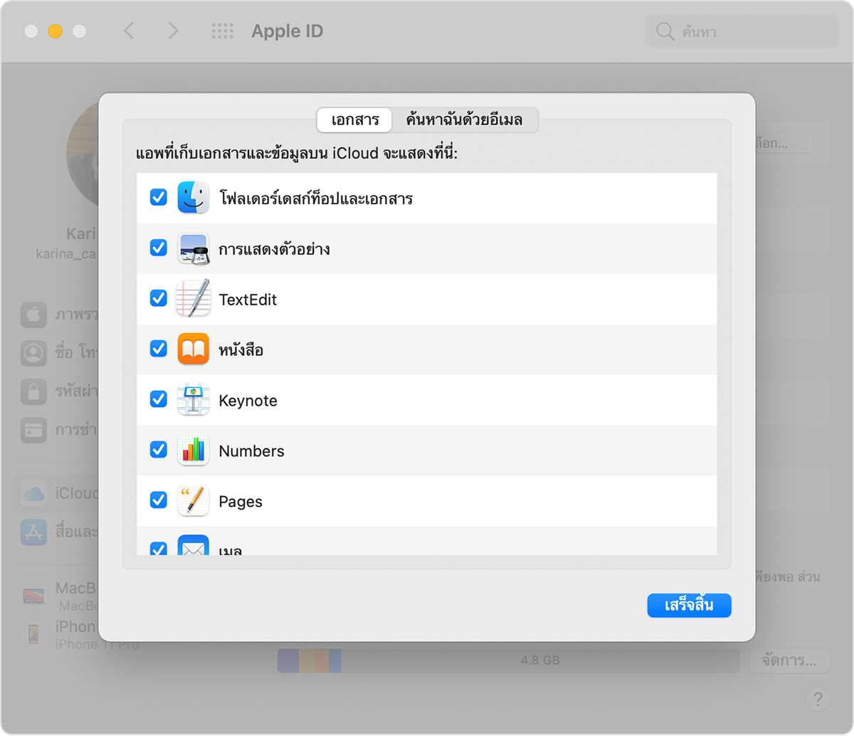 หน้าจอตัวเลือก iCloud Drive บน Mac แสดงตัวเลือกโฟลเดอร์เดสก์ท็อปและเอกสารที่ถูกเลือกอยู่