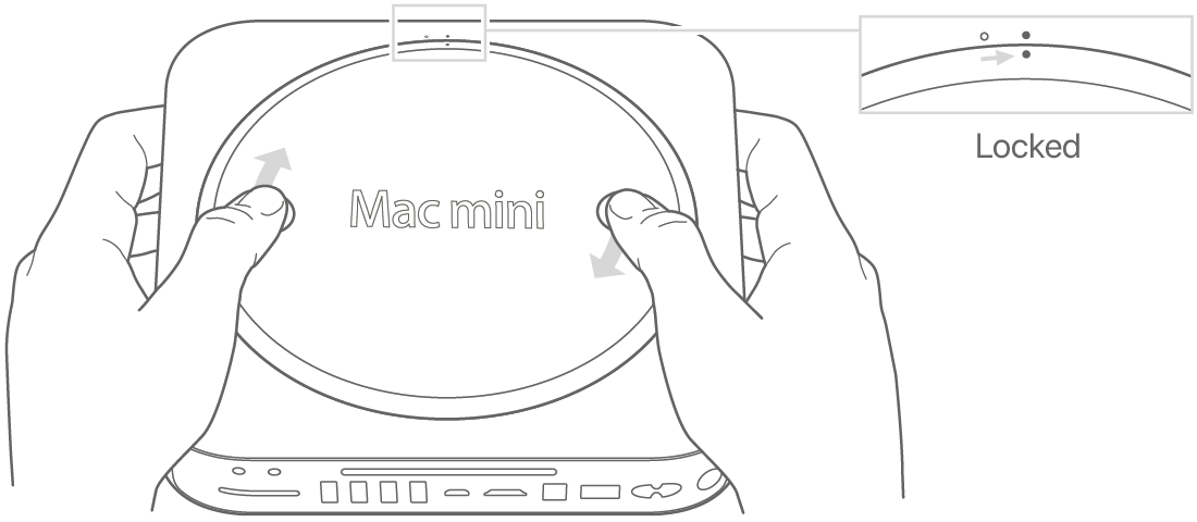 ด้านล่างของ Mac mini ที่แสดงฝาครอบด้านล่างในตำแหน่งปลดล็อค
