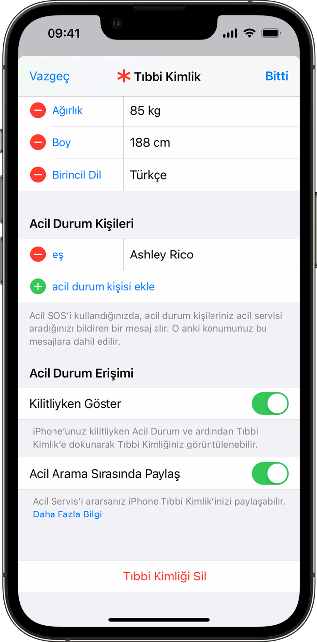 Acil durum kişilerinizi ekleyebileceğiniz Tıbbi Kimlik ayarları ekranını gösteren iPhone.
