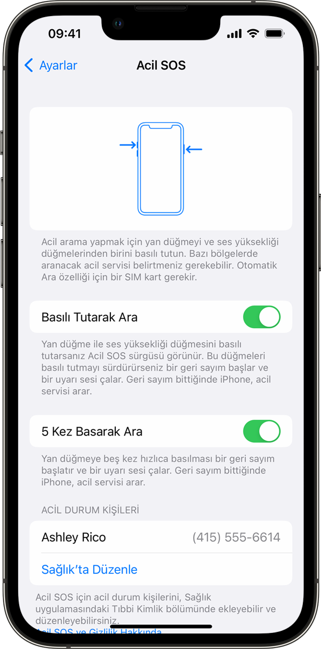 Telefonunuzun acil servisi otomatik olarak aramasına izin verebileceğiniz Acil SOS ekranını gösteren iPhone.