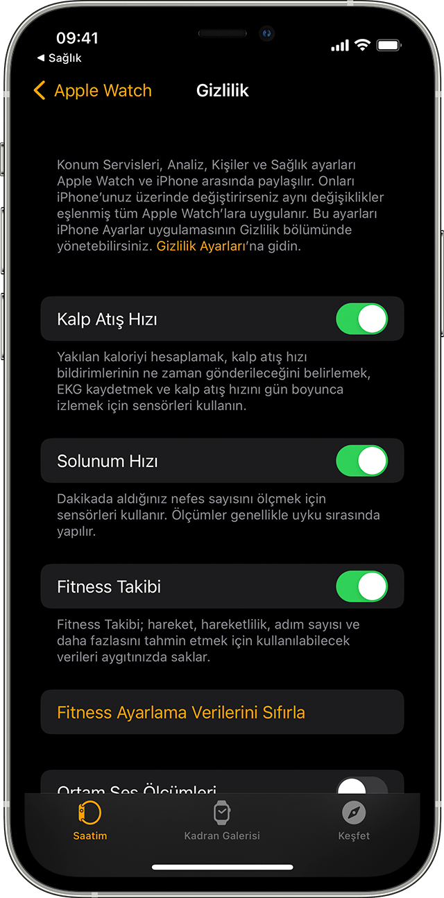 iPhone'daki Sağlık uygulaması için Gizlilik Ayarları seçenekleri.