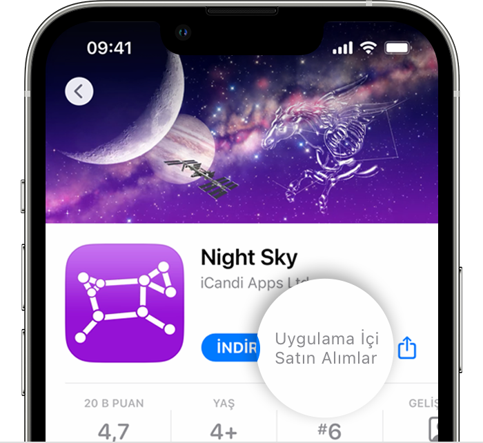 App Store'da Al düğmesinin yanında Uygulama İçi Satın Alımlar ifadesinin yer aldığı bir uygulamayı gösteren iPhone.