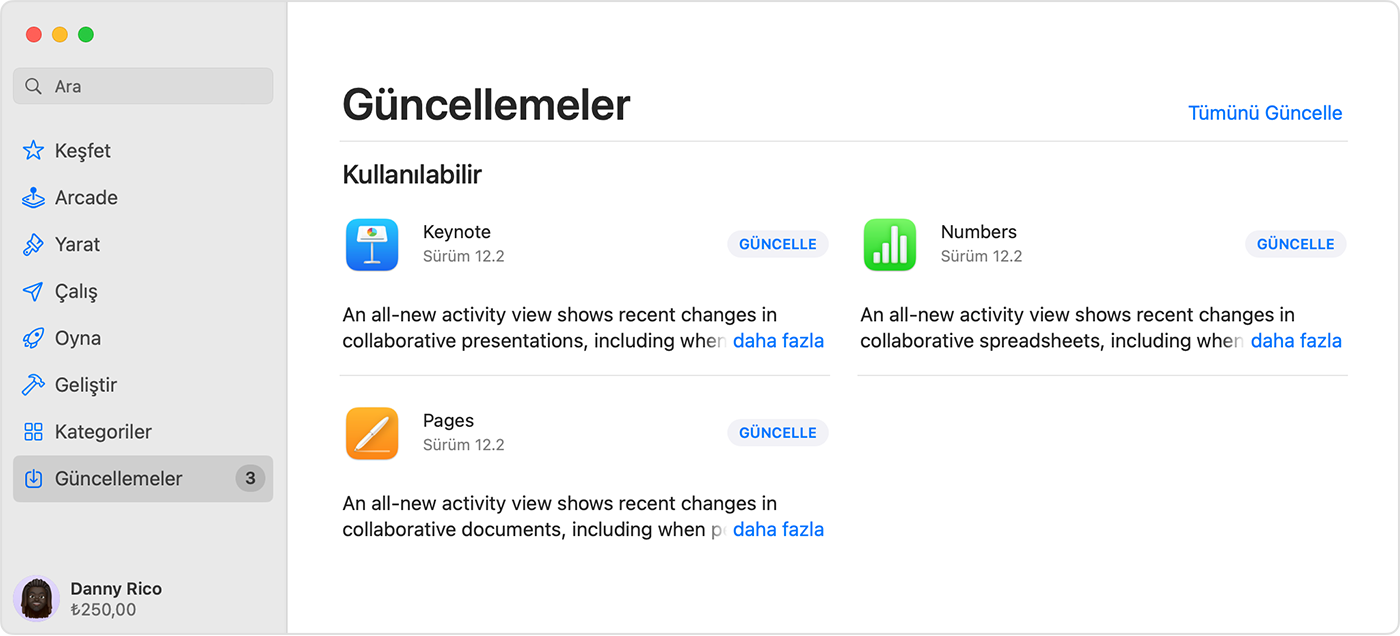 App Store'da Güncellemeler sayfasını gösteren Mac.