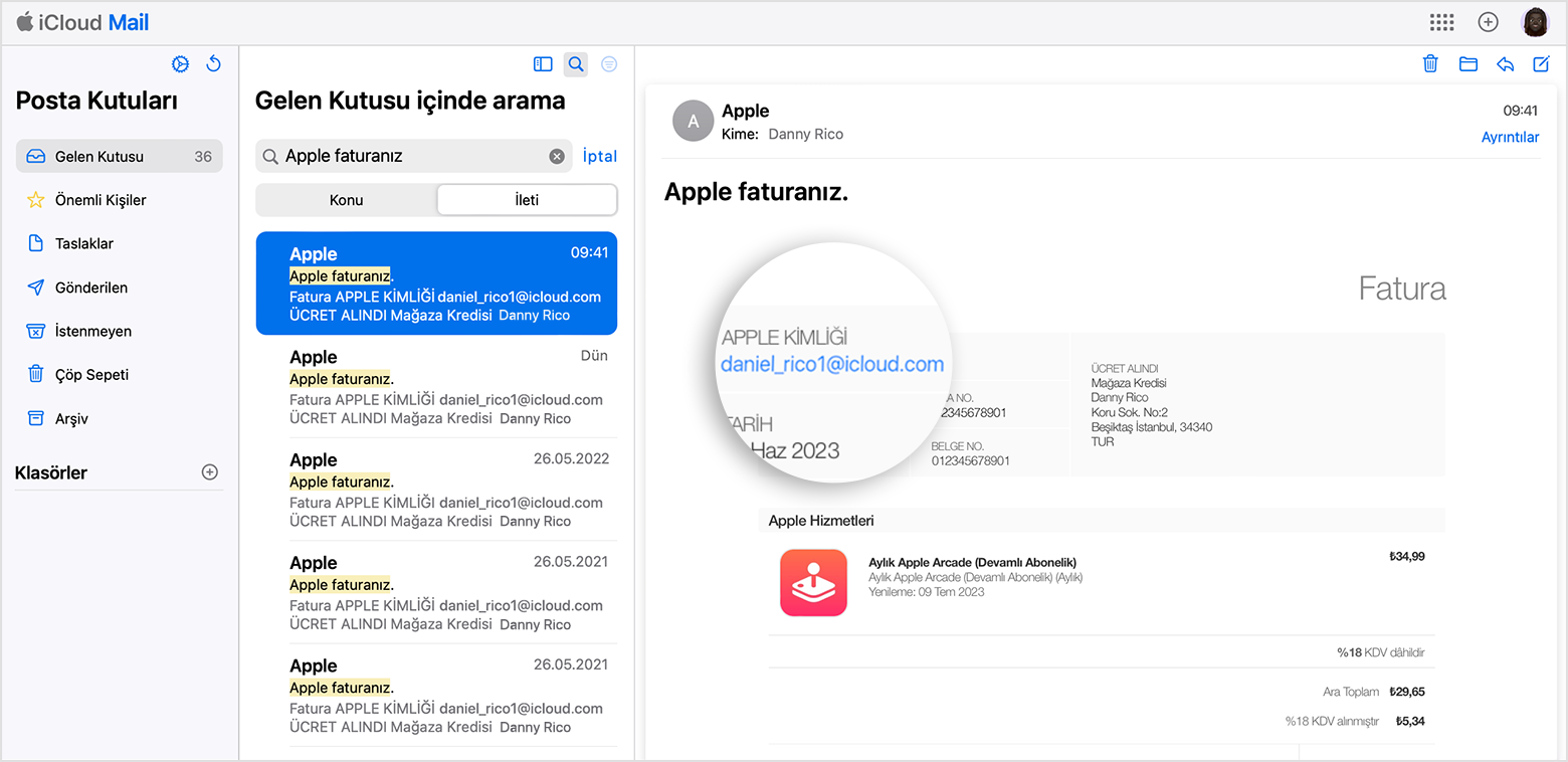 Apple'dan abonelik satın almak için kullanılan Apple Kimliğini gösteren, e-postayla gönderilmiş fatura.