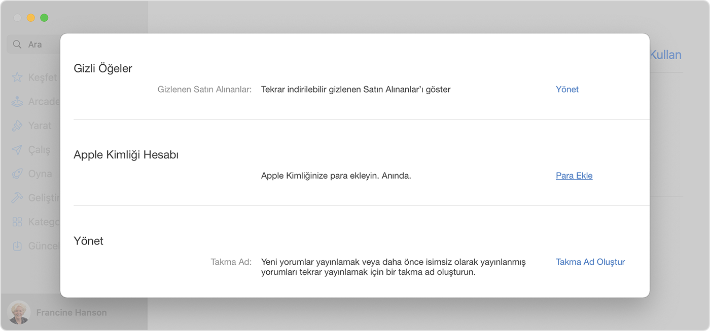 App Store'da Hesaba Para Ekle seçeneğini gösteren Mac.