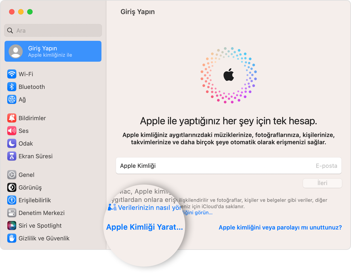Mac'teki Sistem Ayarları'nda Apple Kimliği oluşturma