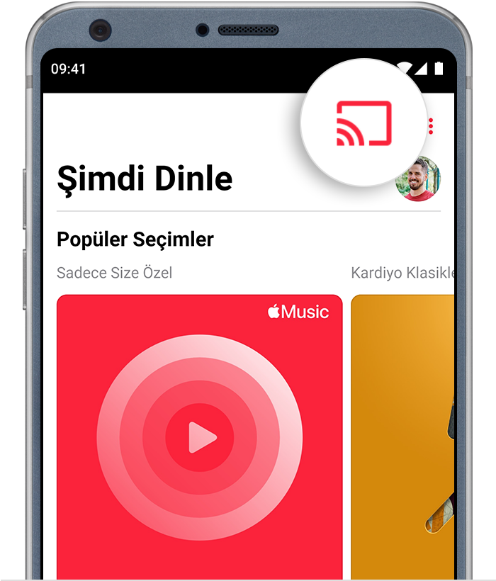 Apple Music uygulamasının üst tarafındaki Yayımla düğmesini gösteren Android telefon