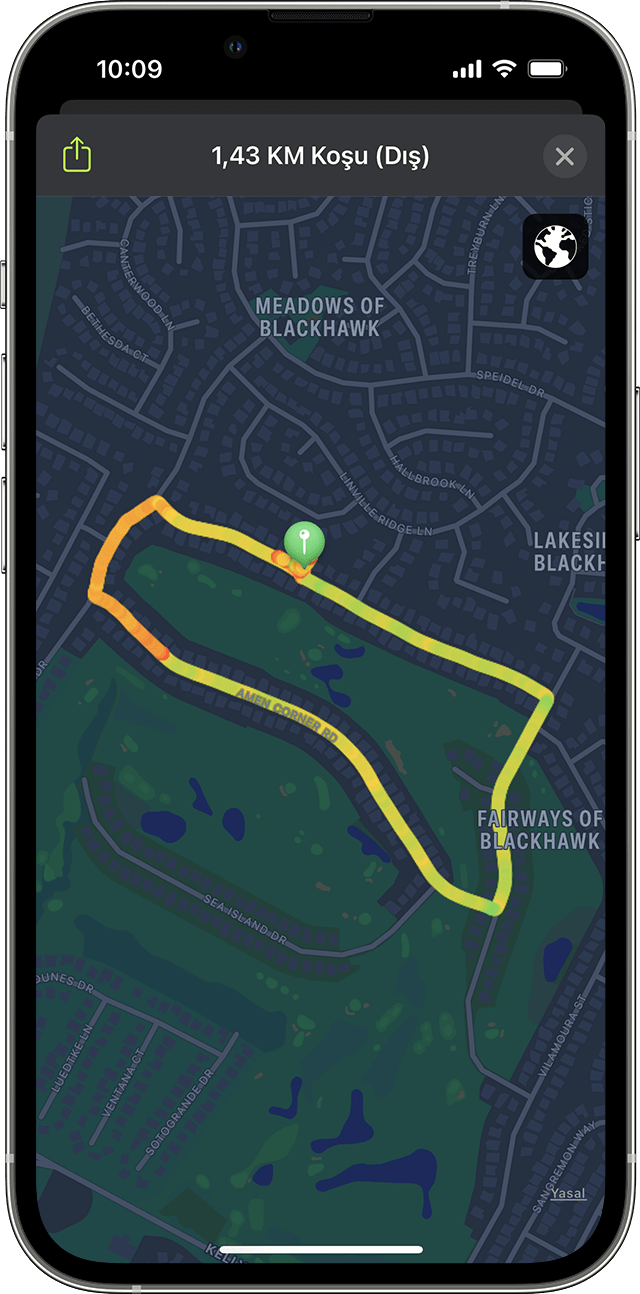 iPhone'da Koşu (Dış) antrenmanının haritası.