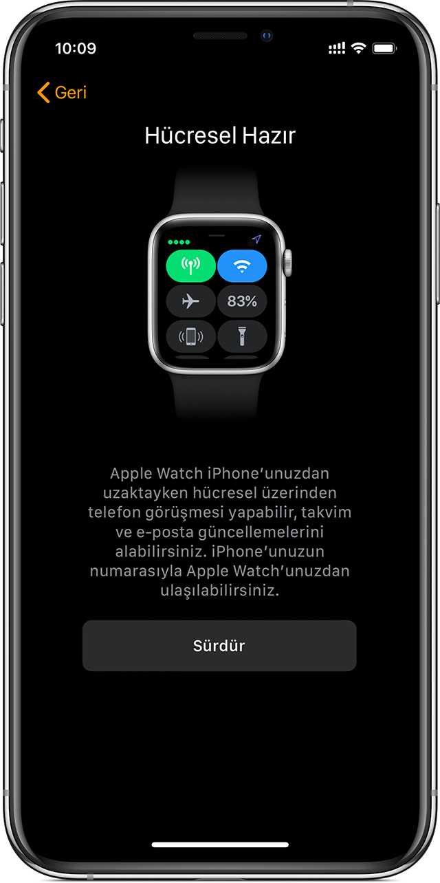 Hücresel bağlantının Apple Watch'unuzda kullanıma hazır olduğunu gösteren iPhone hücresel ayar ekranı.