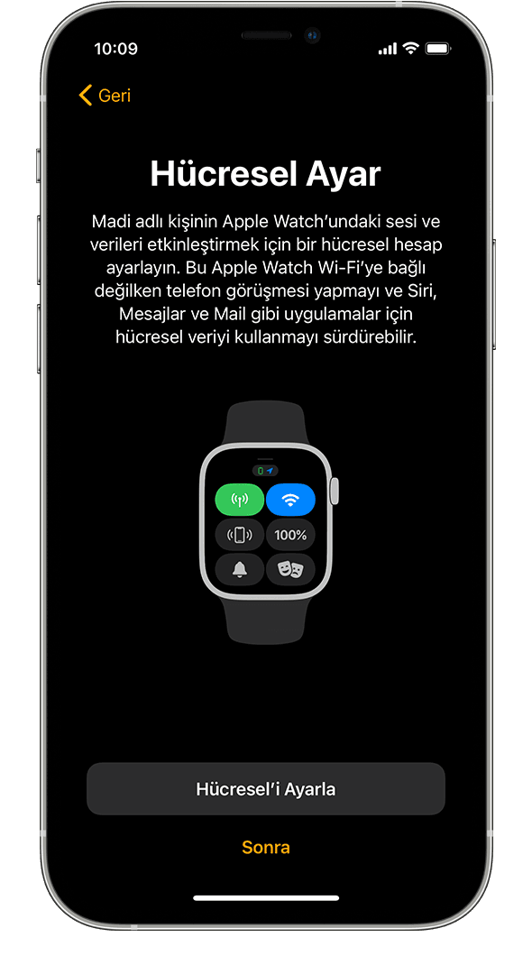 iPhone'da Apple Watch'u ayarlama sırasında Hücresel Ayar ekranı.