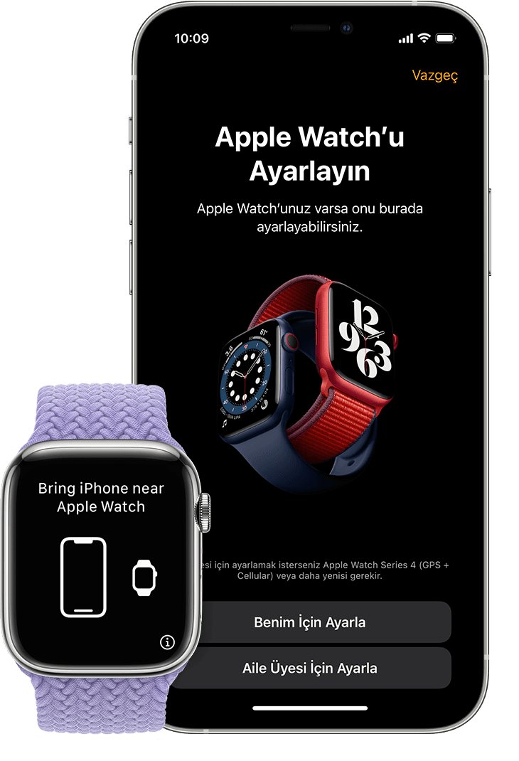 iPhone ve Apple Watch'ta yeni bir saati eşleştirmek için ilk ayarlama ekranı.