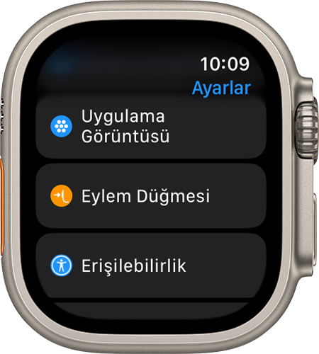 Ayarlar uygulamasını gösteren Apple Watch Ultra