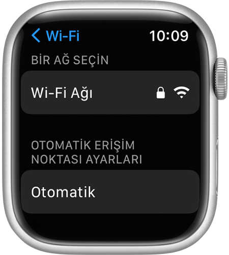 Otomatik Erişim Noktası Ayarları seçeneğini gösteren Apple Watch Wi-Fi ayarları ekranı