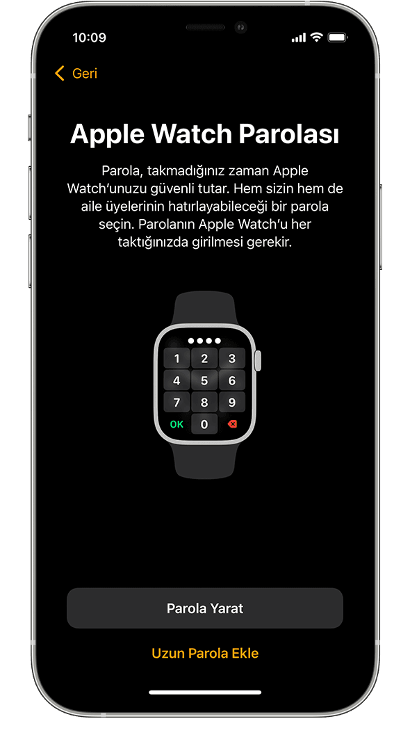 iPhone'da Apple Watch parola ayarlama ekranı.