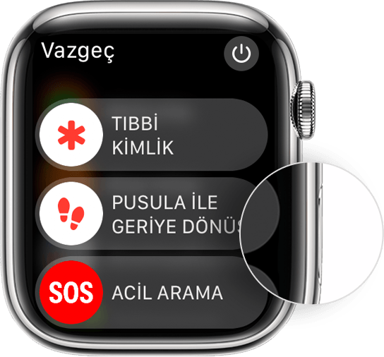 Yan düğmenin bulunduğu yerin ve Gücü Kapat sürgüsünün göründüğü Apple Watch.