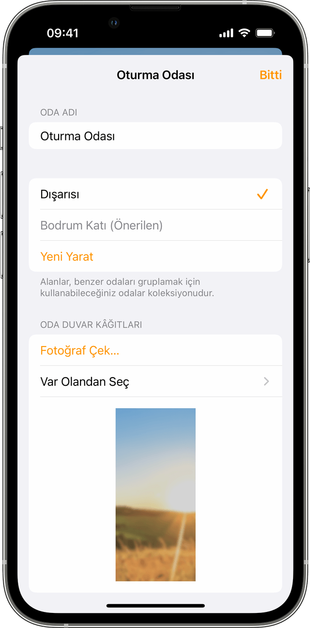 iOS'te, Oturma Odası'ndaki Ayarlar'ı gösteren Ev uygulaması. 